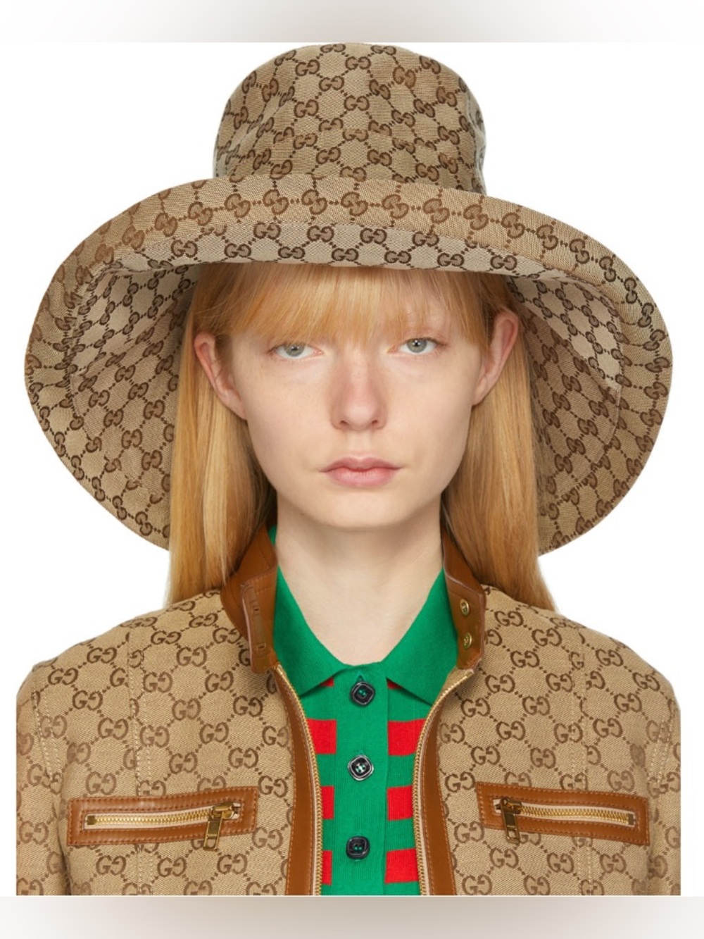 Beige Monogram Large Jacquard Canvas Bucket Hat w Wide Brim Beach Sun Coverage - Picture 9 of 14